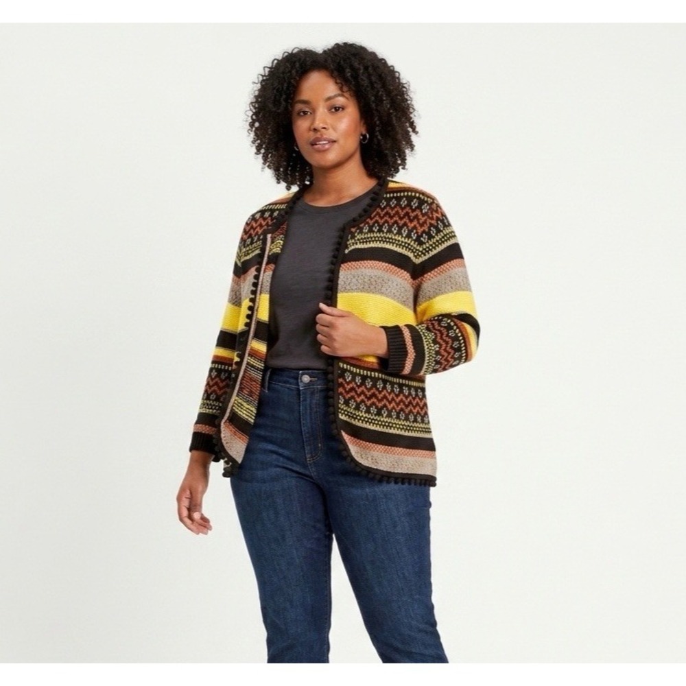 Together Open Front Cardigan Sweater Womens Sz 16 Multicolor Striped PomPom Trim